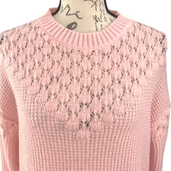 NEW Pointelle Knit Long Sleeve Crew Neck Semi-Sheer Sweater Pink Small - Picture 3 of 7